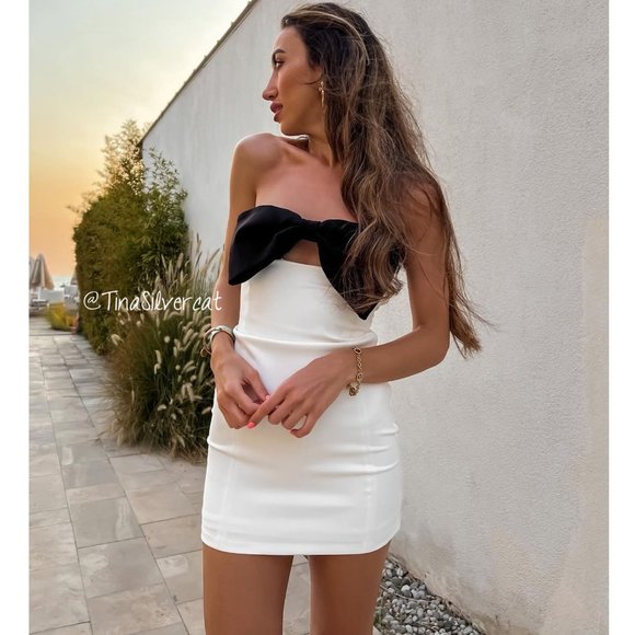 BLOGGER'S FAVE! Zara Strapless Bow Mini Dress White Black NWT - Picture 10 of 17